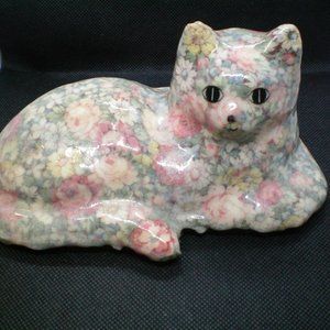 adorable calico floral decoupage kitty figurine